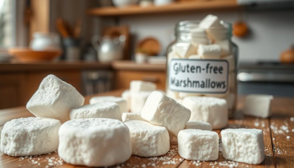 A close-up image of fluffy, cloud-like marshmallows arranged artfully on a rustic wooden table. In the foreground, several perfectly shaped, round marshmallows glisten with a light dusting of powdered sugar, their soft, squishy texture highlighted by natural light. In the middle ground, a few scattered marshmallows surround a sleek, transparent jar labeled "Gluten-Free Marshmallows," showcasing their unique texture and pure white color. The background softly blurs into a cozy kitchen setting with warm, inviting tones, enhancing the ambiance. The lighting is bright and cheerful, evoking a playful, wholesome atmosphere, capturing the essence of gluten-free treats. The angle is slightly elevated, focusing on the enticing marshmallows as the main subject without any distractions or text.