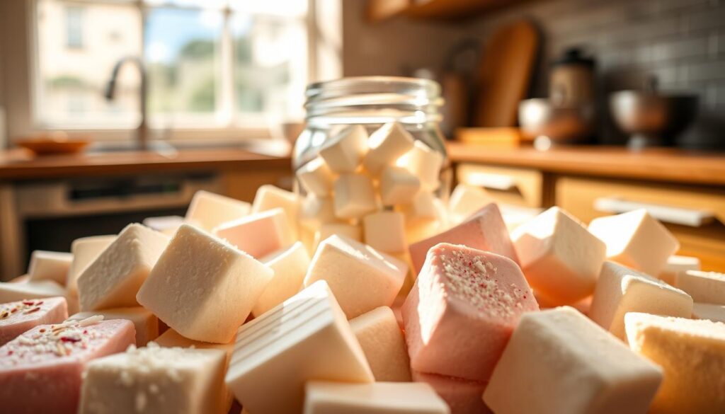 A close-up view of a beautifully arranged platter of gluten-free marshmallows in various shapes and sizes, prominently showcasing their fluffy texture and glossy finish. The foreground features an assortment of colorful marshmallows in pastel hues, some sprinkled with coconut flakes or colored sugar for added appeal. In the middle, a delicate glass jar filled with white mini marshmallows is partially open, inviting the viewer to explore. The background includes a soft-focus kitchen setting, with warm, natural light streaming through a window, creating a cozy and inviting atmosphere. The soft shadows add depth and warmth, enhancing the delightful essence of these gluten-free treats, perfect for showcasing trusted brands in the United States.